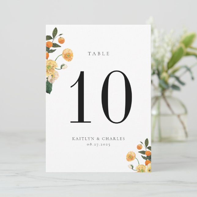 Citrus Orange Floral Table Number Card (Standing Front)