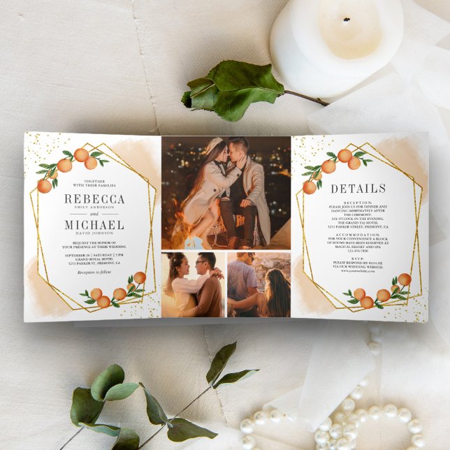 Citrus Orange Gold Frame Photo Collage Wedding Tri-Fold Invitation (Creator Uploaded)