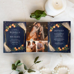 Citrus Orange Gold Navy Blue Photo Collage Wedding Tri-Fold Invitation