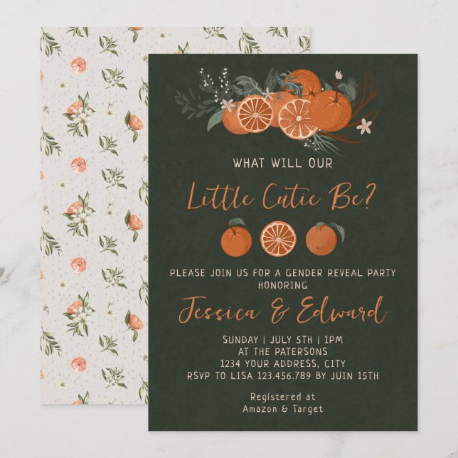 Citrus Orange Green Little Cutie Gender Reveal Invitation (Front/Back)