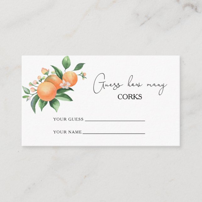 Citrus orange - guess how many corks bridal game enclosure card (Front)