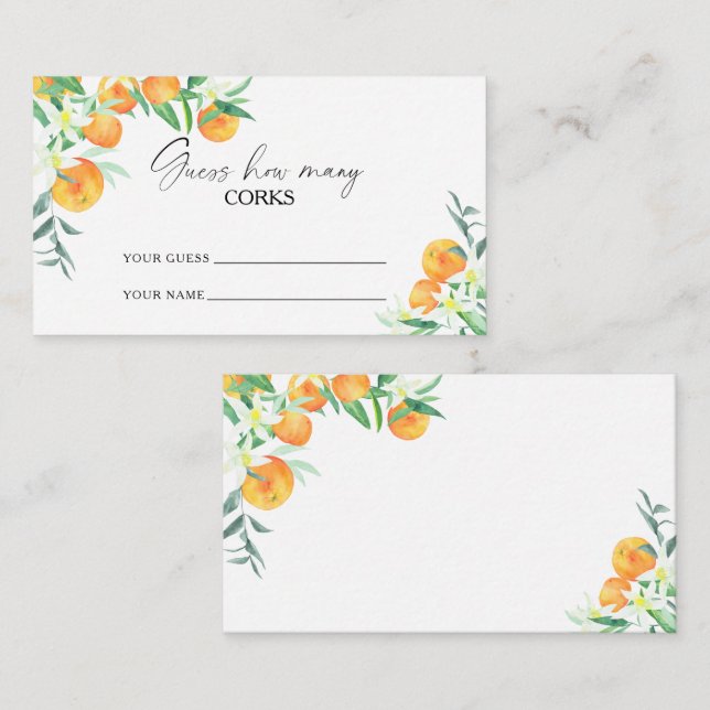 Citrus orange - guess how many corks bridal game enclosure card (Front/Back)