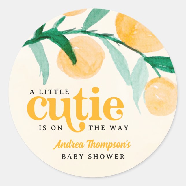 Citrus Orange Little Cutie Baby Shower Classic Round Sticker (Front)