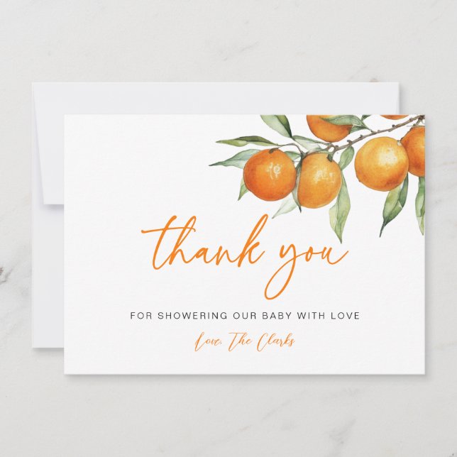 Citrus Orange Little Cutie Baby Shower Thank You Card (Front)