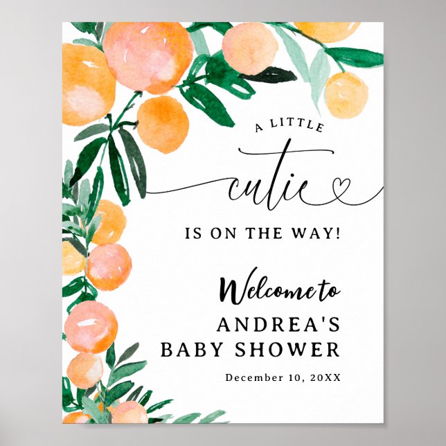 Citrus Orange Little Cutie on the Way Baby Shower Poster (Front)