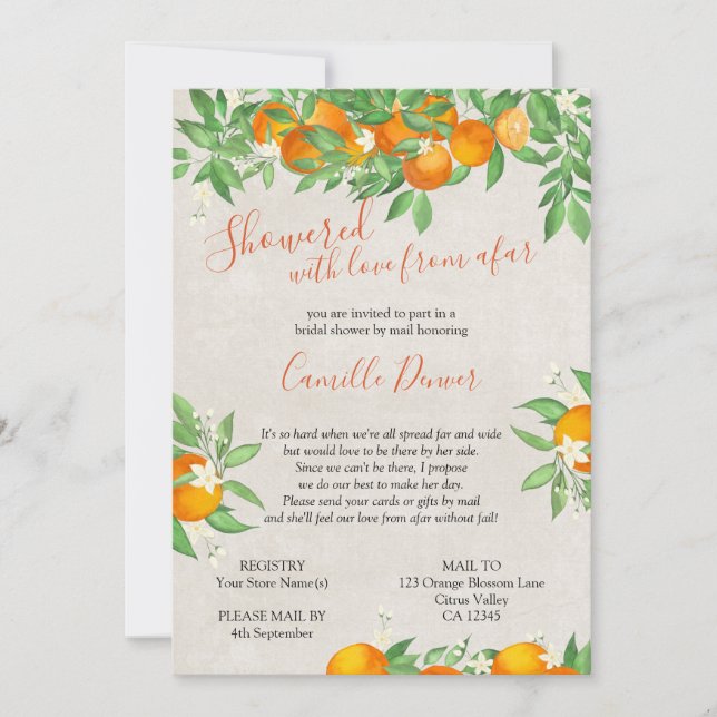 Citrus Orange Love from Afar Bridal Shower by Mail Invitation (Front)