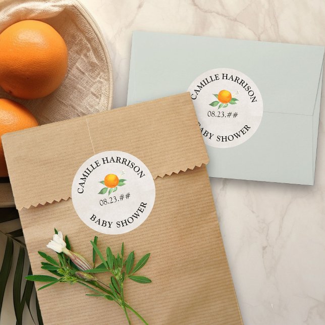 Citrus Orange Neutral Personalised Baby Shower Classic Round Sticker (Stickers for favors, invitation envelope seals etc, from my Citrus Orange Baby Shower collection)