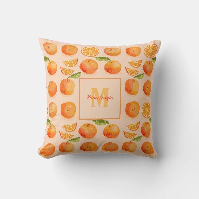 Citrus Orange Pattern Monogram Cushion (Front)