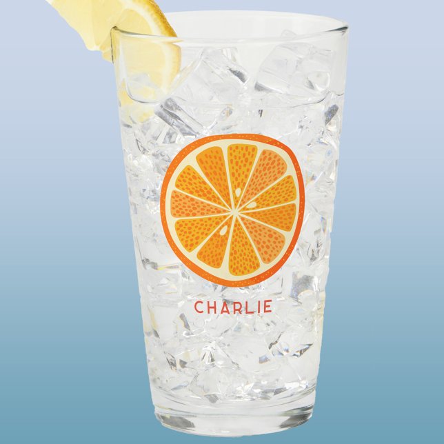 Citrus Orange Personalised Glass (Fresh orange fruit slice glass tumbler or beer glass with personalized custom name text)