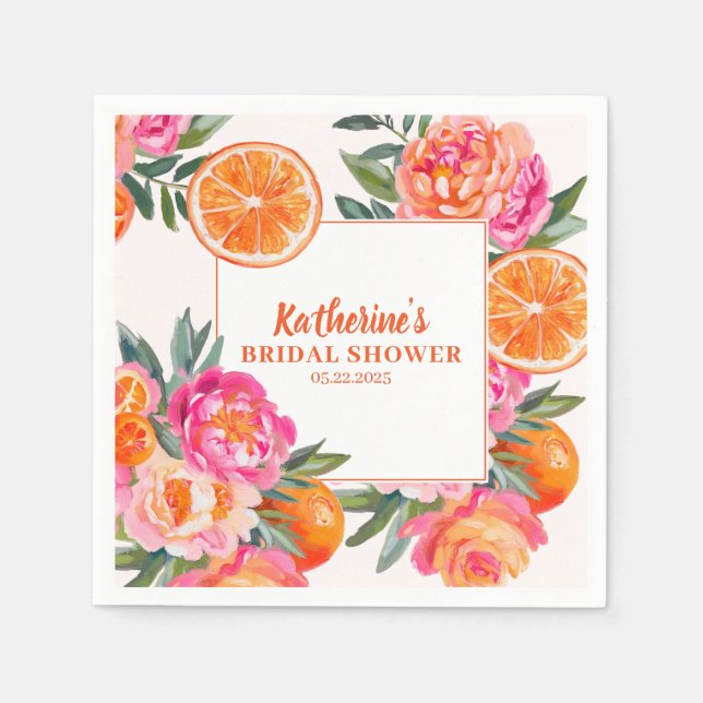 Citrus Orange & Pink Floral Bold Bridal Shower  Napkin (Front)