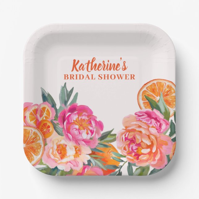Citrus Orange & Pink Floral Bold Bridal Shower  Paper Plate (Front)