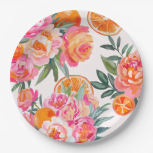 Citrus Orange & Pink Floral Bold Bridal Shower  Paper Plate