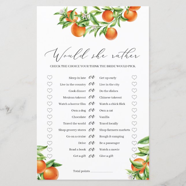 Citrus Orange Summer Fruits Would she Rather game (Front)