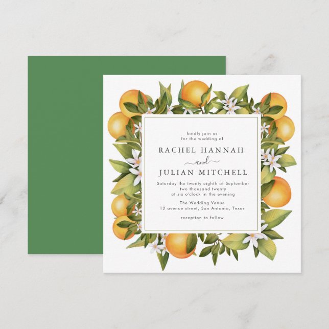 citrus orange watercolor floral wedding invitation (Front/Back)
