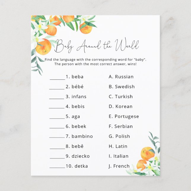 Citrus oranges - Baby Shower Game (Front)