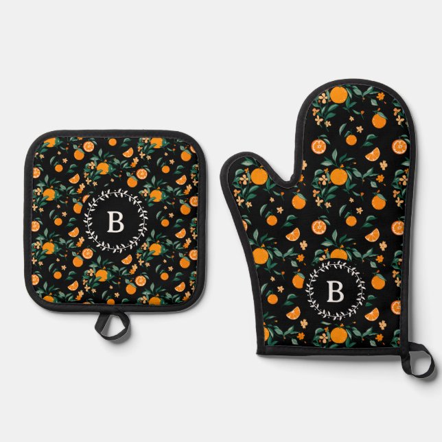 Citrus Oranges & Blossoms Personalised Oven Mitt & Pot Holder Set (Front)