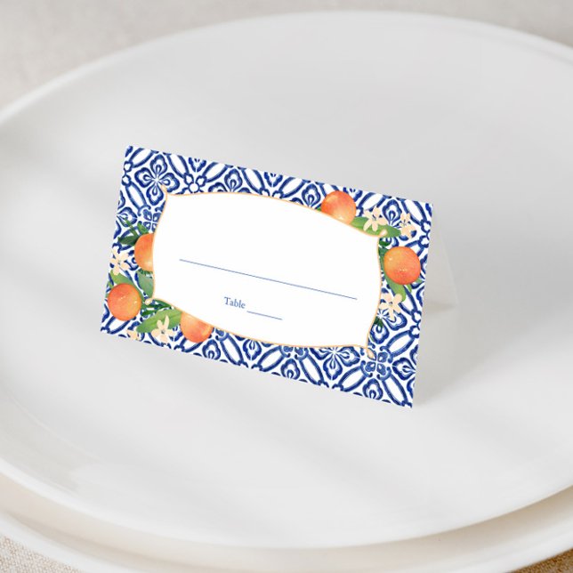 Citrus Oranges Classic Blue Tiles Pattern Wedding Place Card (Positano oranges with azulejo tile design wedding shower place cards)