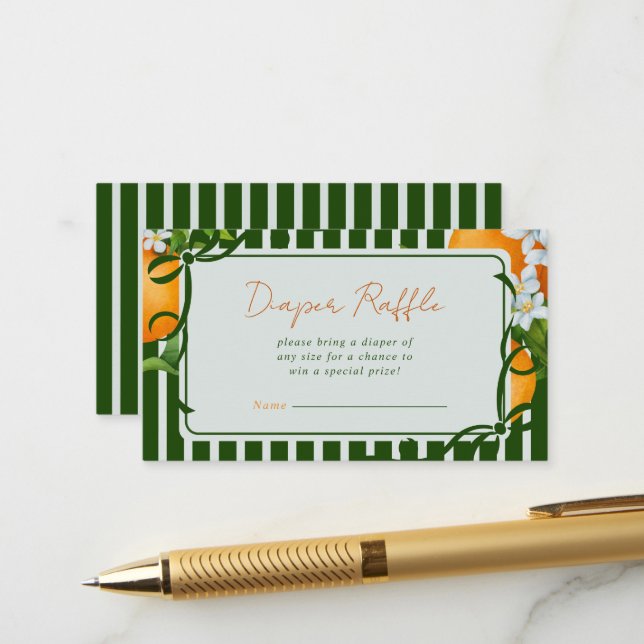 Citrus Oranges Green Stripes Diaper Raffle Enclosure Card (Front/Back In Situ)
