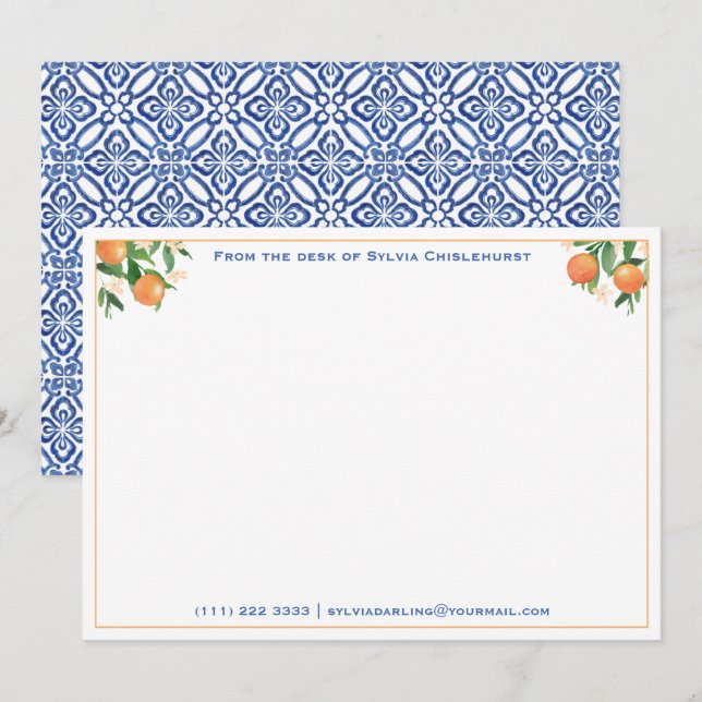 Citrus Oranges Italian Blue Tiles Bridal Shower Th Thank You Card (Front/Back)