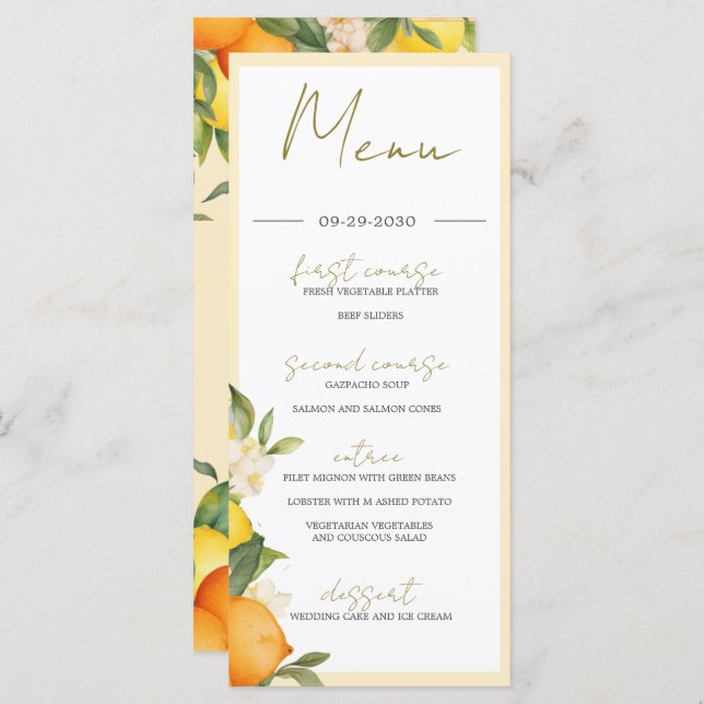 Citrus Oranges Lemons Summer Monogram Menu (Front/Back)