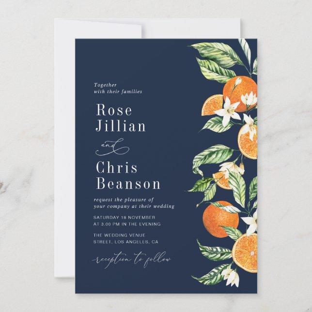 Citrus Oranges Navy Blue Floral Wedding Invitation (Front)