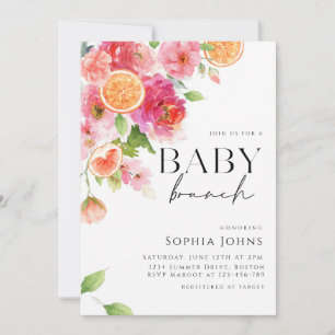 Citrus Oranges pink Floral Baby Brunch  Invitation