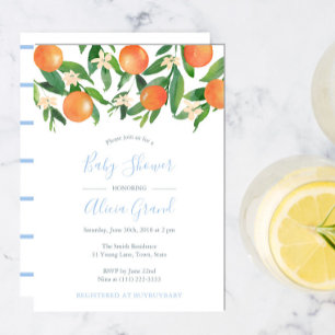 Citrus Oranges Powder Blue Accents Boy Baby Shower Invitation