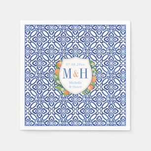 Citrus Oranges Vintage Blue Tiles Monogram Wedding Napkin
