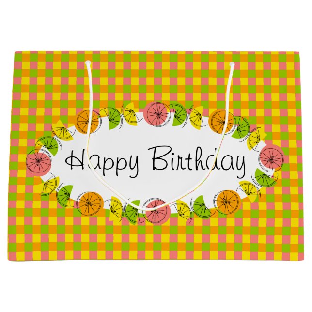 Citrus Oval Check Happy Birthday large Gift Bag (Front)