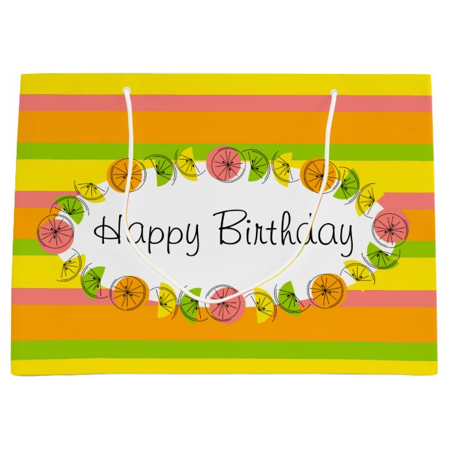 Citrus Oval Stripe Classic Happy Birthday large Gift Bag (Front)