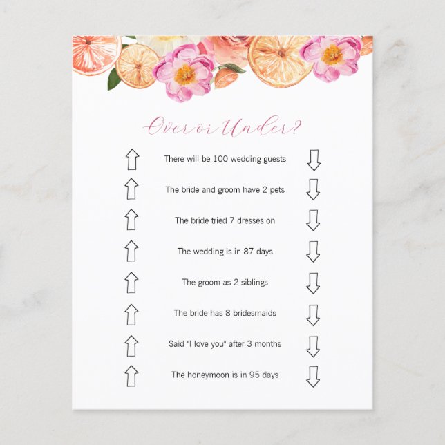 Citrus Over or Under Bridal Shower Game  (Front)