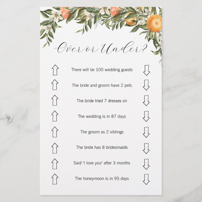 Citrus Over or Under Bridal Shower Game  Flyer (Front)