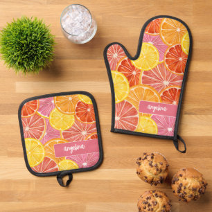 Citrus Pattern - Custom Name - Pink Orange Lemon Oven Mitt & Pot Holder Set