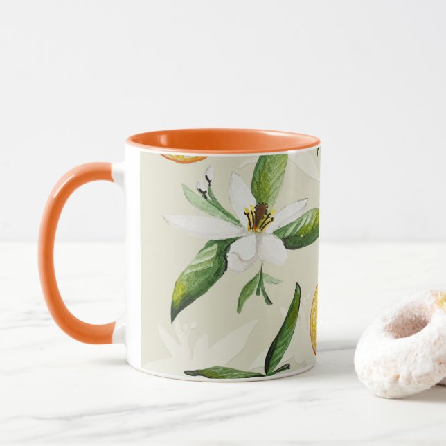 Citrus pattern of oranges and orange blossoms magn mug (With Donut)