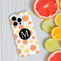 Citrus Pattern Orange Lemon Round Monogram White