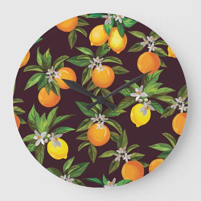 Citrus Pattern, Vintage Lemons Oranges. Large Clock (Front)