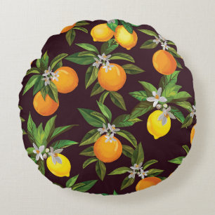 Citrus Pattern, Vintage Lemons Oranges. Round Cushion