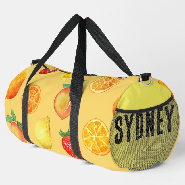 Citrus & Peaches Yellow Custom Name Duffle Bag (Right Corner)