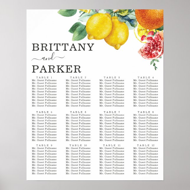 Citrus Personalised Wedding Table Seating Poster (Front)