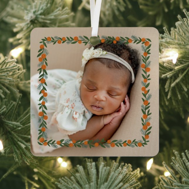 Citrus Pine Overlay Baby's First Christmas Photo Metal Tree Decoration (Insitu)