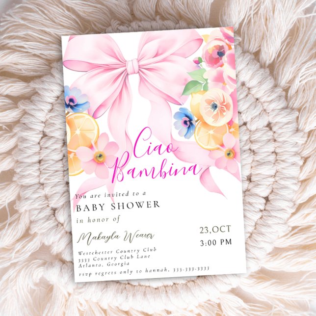 Citrus Pink Bow Coquette Lemon Baby Shower  Invitation (Creator Uploaded)