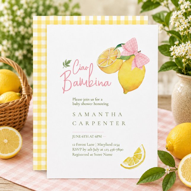 Citrus pink bow lemon baby shower invitation (Creator Uploaded)