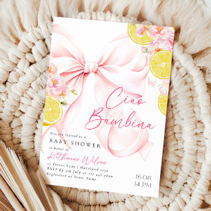 Citrus Pink Bow Lemon Baby Shower Invitation