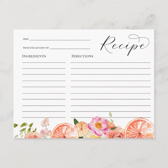 Citrus Pink Flowers Bridal Shower Recipe card (Front)