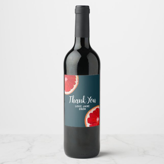 Citrus pink grapefruit modern thank you gift wine label (Front)