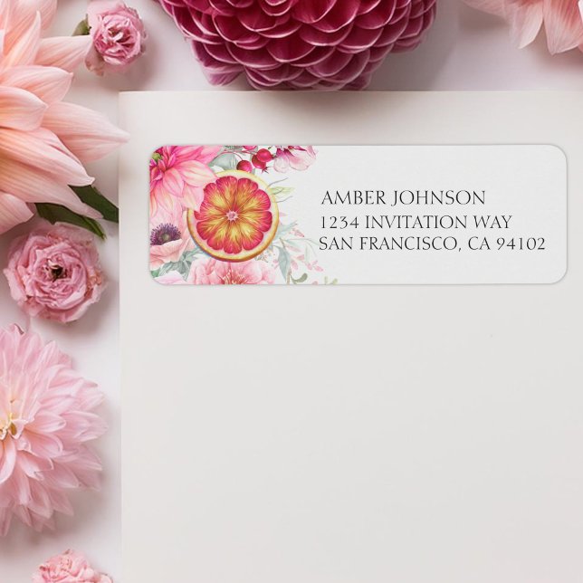 Citrus Pink Watercolor Flowers Baby Shower (Citrus and pink watercolor flowers baby shower return address labels, girl baby shower)