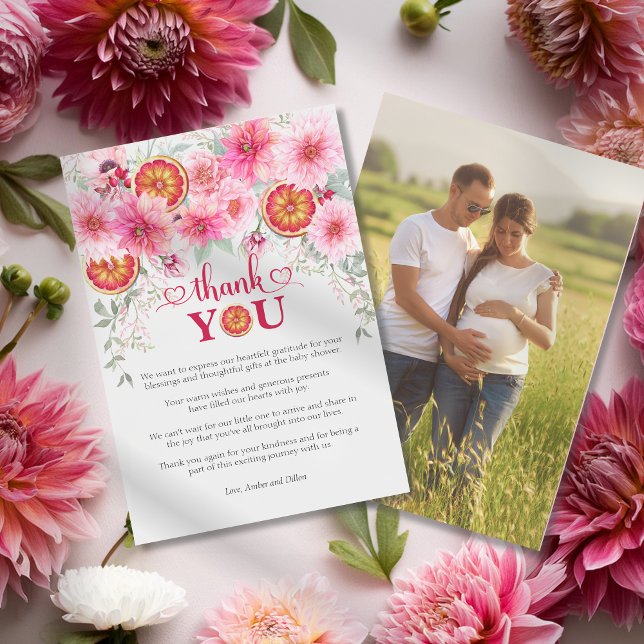 Citrus Pink Watercolor Flowers Baby Shower Thank You Card (Citrus with pink watercolor flowers baby shower thank you card, girl baby shower)