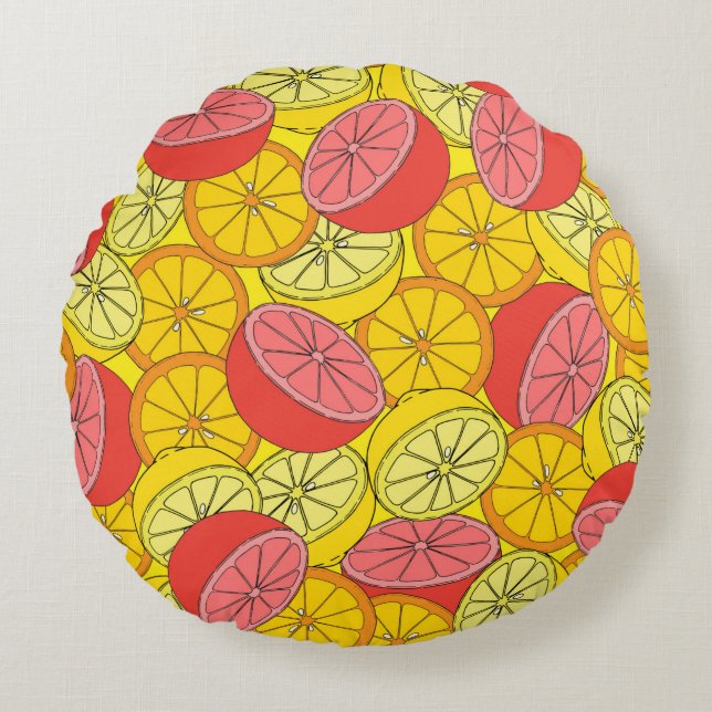 Citrus seamless pattern many oranges, lemons, grap round cushion (Front)