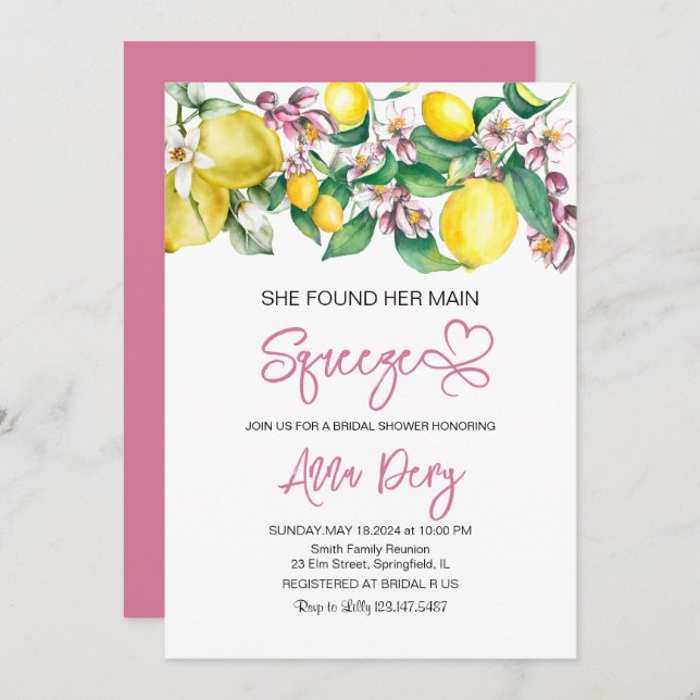 Citrus She Found Her Main Squeeze Bridal Shower  Invitation (Front/Back)