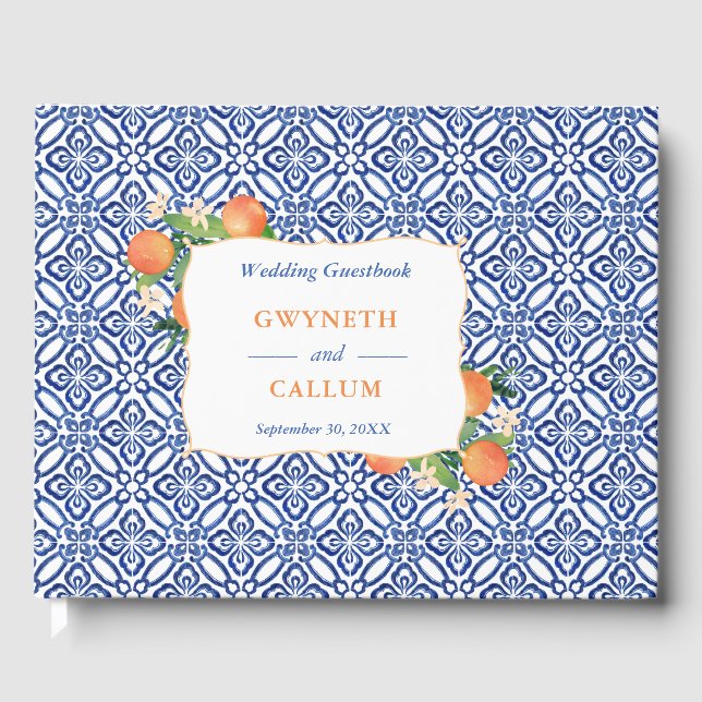 Citrus Sinensis Oranges Blue Ceramic Tile Pattern Guest Book (Front)
